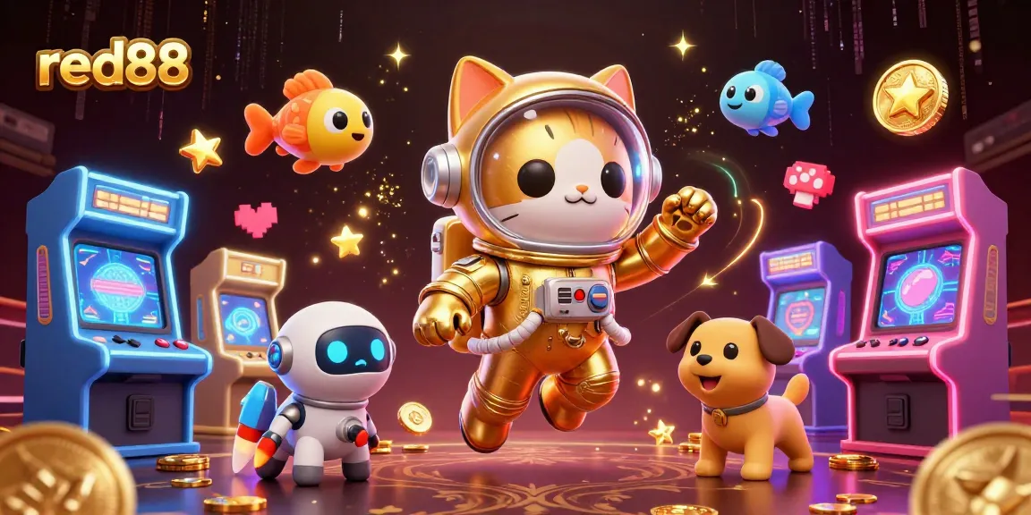 Engage with thrilling gameplay at red88 featuring astronauts and arcade elements in a vibrant casino scene.