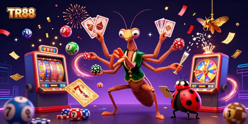 Engage with the vibrant casino scene featuring TR88 characters amidst colorful gaming elements.