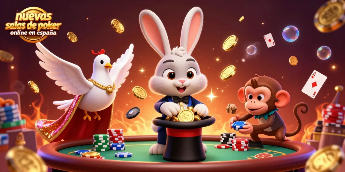 Disfruta de nuevas salas de poker online en España con un mago, una paloma y un mono jugando cartas.