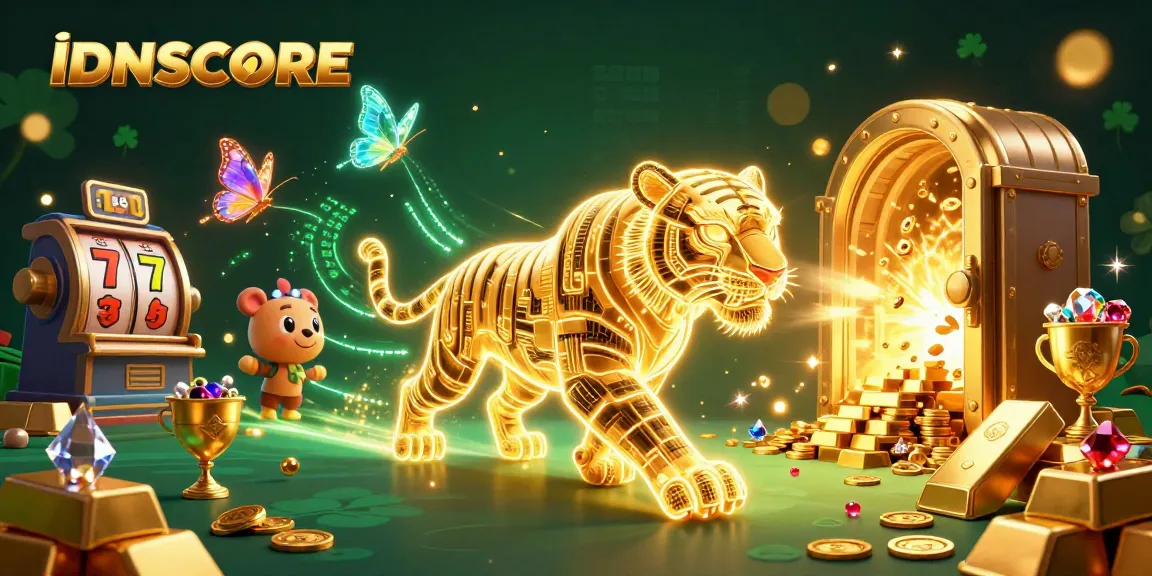 Experience IDNSCORE's thrilling slot action with a vibrant digital casino scene featuring a golden tiger.