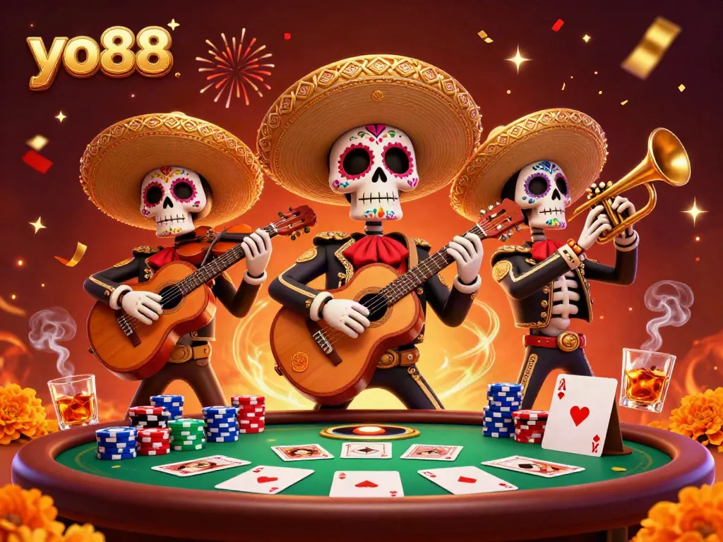 Engage with yo88 as the vibrant mariachi band brings casino excitement to life, surrounded by poker elements.