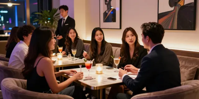 강남 타이밍의 고급스러운 사교적인 분위기에서 친구들과 대화 중인 개인
