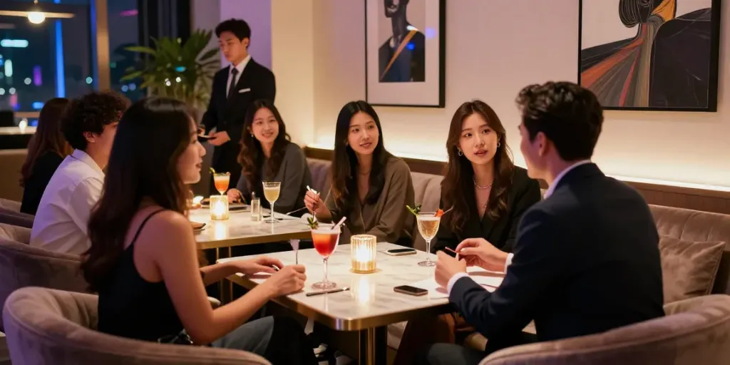 강남 타이밍의 고급스러운 사교적인 분위기에서 친구들과 대화 중인 개인