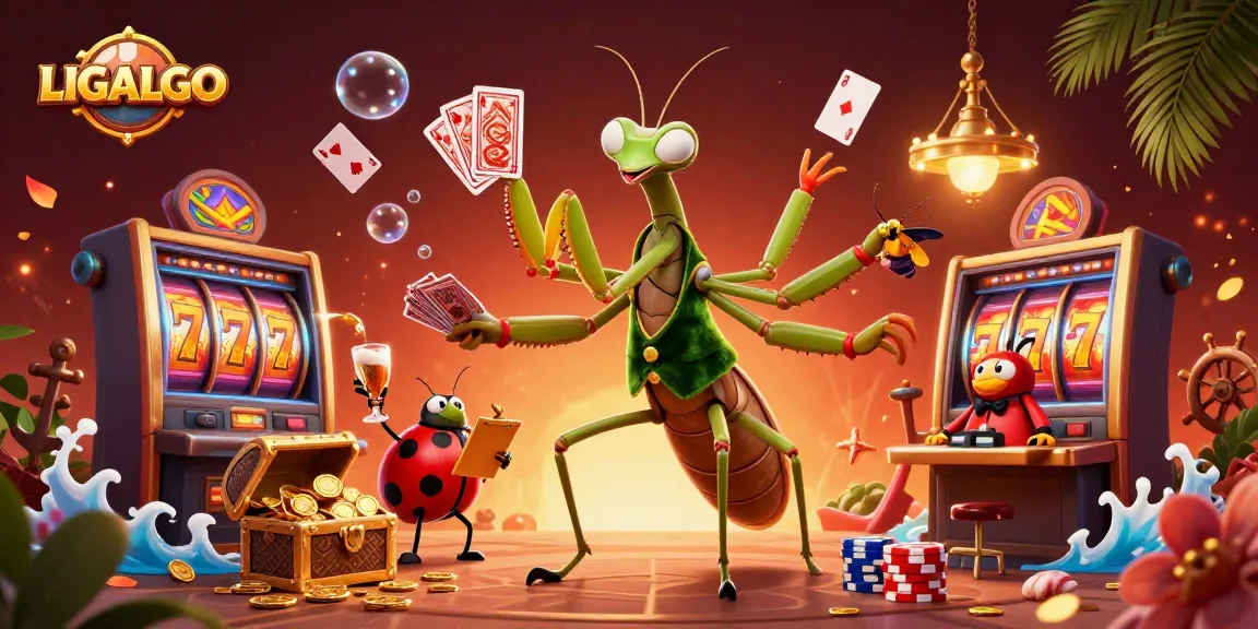 LIGALGO showcases an exciting casino scene with a charismatic praying mantis, vibrant slots, and rich gaming action.