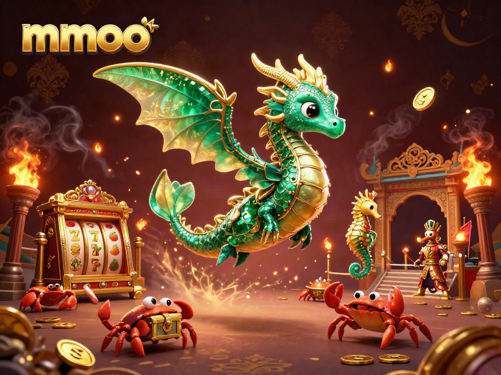 Engage with mmoo's vibrant casino world featuring a majestic sea dragon and riches.