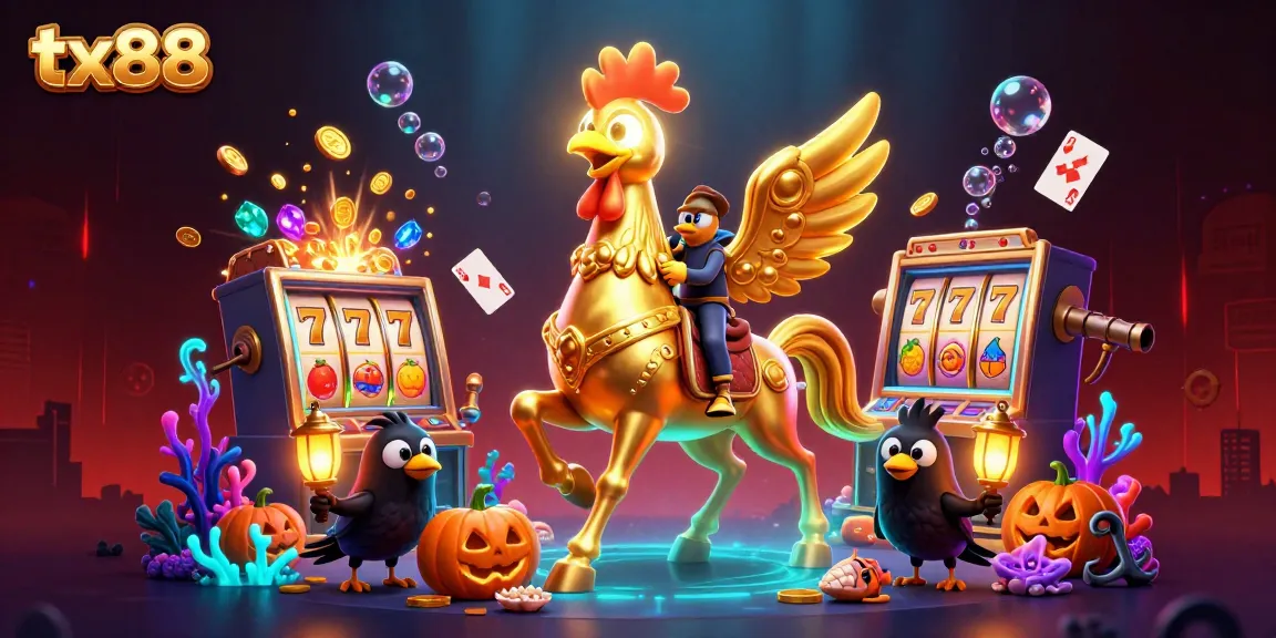 Experience tx88's vibrant casino excitement with a golden rooster amidst magical scenes.