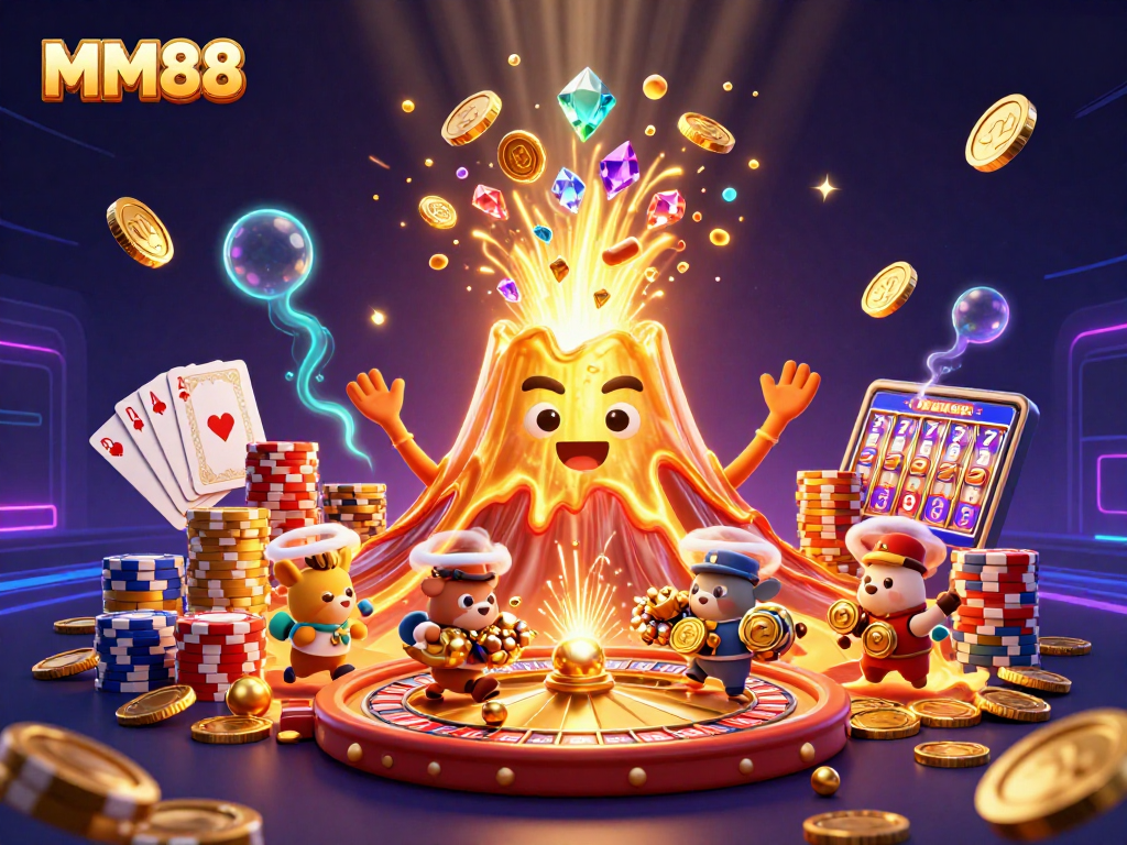 Experience the thrill of MM88 casino gaming with lively cartoon characters and vibrant gambling elements.