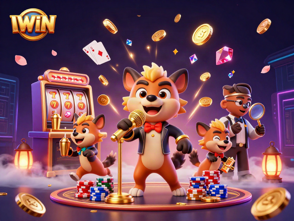 IWIN's engaging casino scene captures vivid hyenas enjoying casino life with sparkling gems and golden coins.
