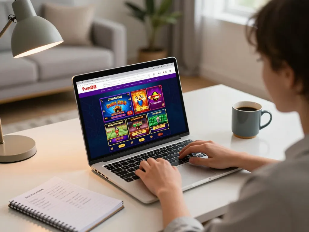 Engaging with fun88 via laptop, showcasing vibrant online casino games in a cozy setup.