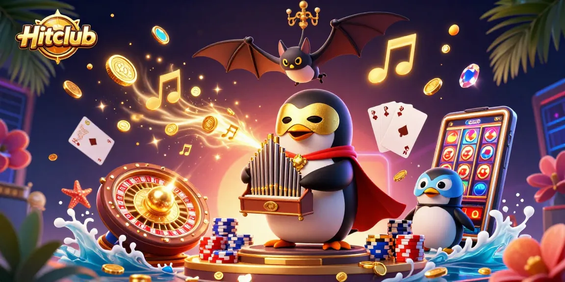 Join the Hitclub adventure with a cartoon phantom opera penguin at a lively casino scene