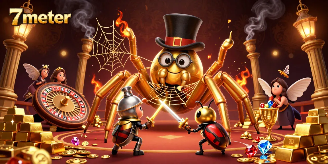 Experience thrilling betting action with 7meter as the golden tarantula spins webs of fortune in this casino-themed illustration.