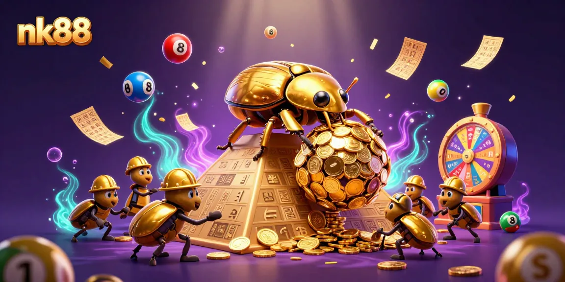 Experience thrilling gameplay at nk88 with vibrant casino-themed visuals featuring golden beetles and colorful lottery elements.