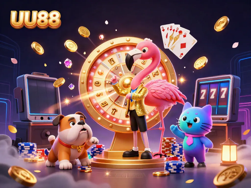Join the excitement at UU88 with vibrant casino characters enjoying games and prizes!