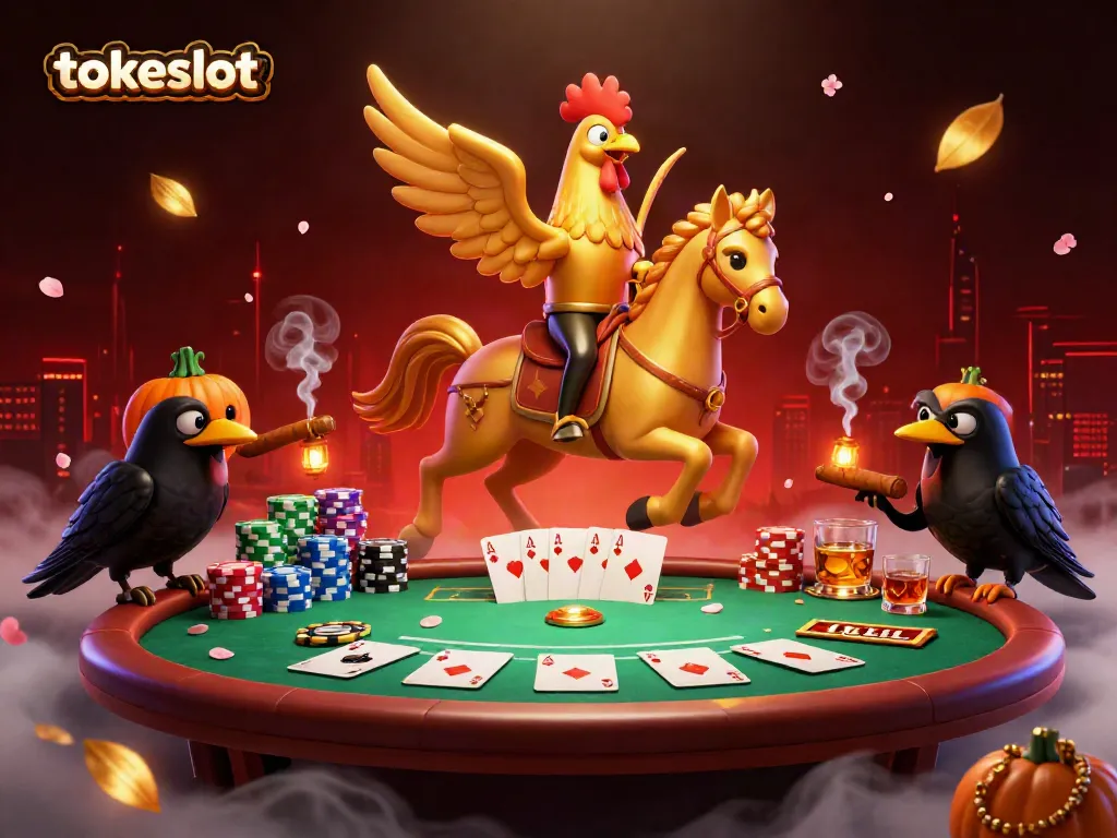 Join the excitement at tokeslot with a golden rooster in a vibrant casino, featuring poker elements and captivating characters.