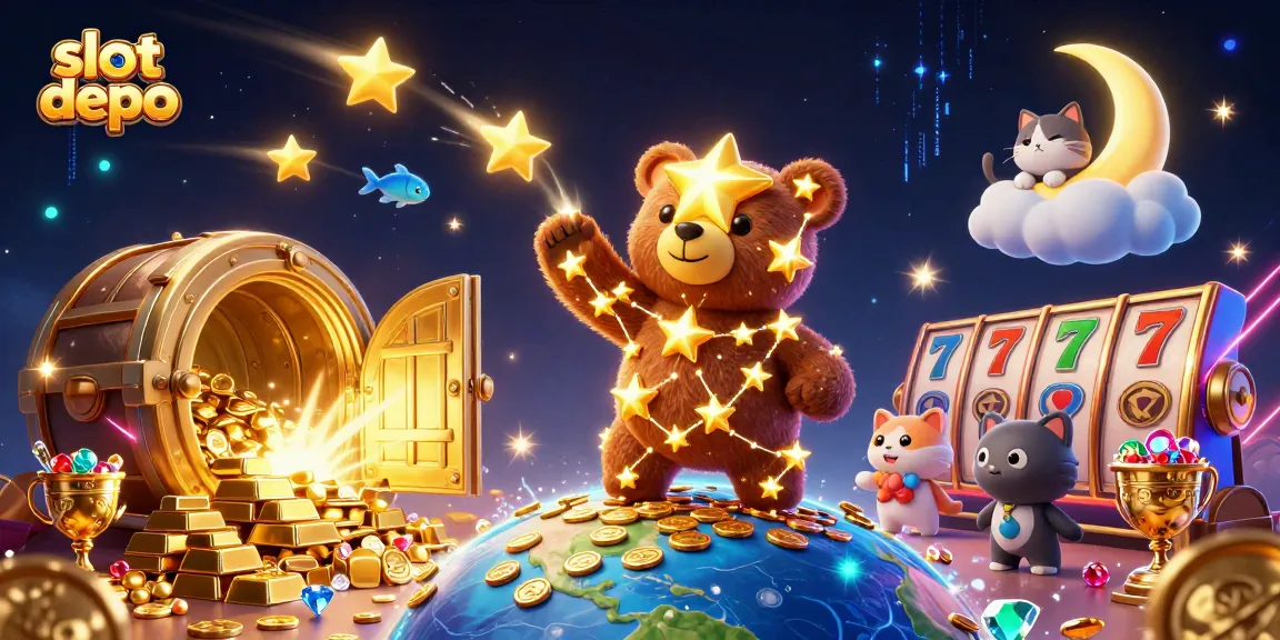 Experience winning with slot depo's vibrant cosmic scene featuring golden treasures and playful companions.
