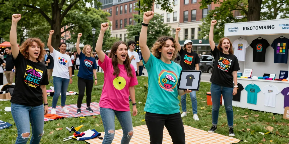 Cheerful group showcasing custom tshirt printing designs in vibrant urban park.