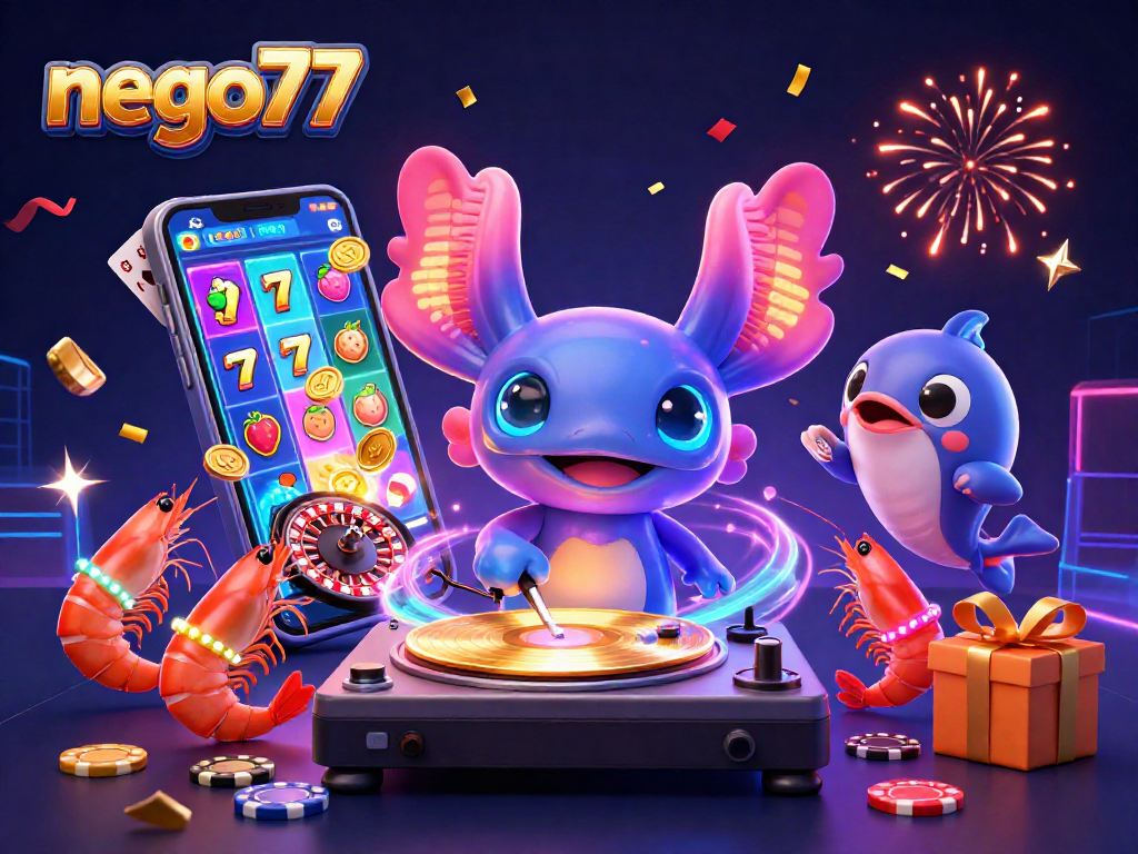 Experience vibrant gameplay with nego77 as the axolotl DJ spins wins on lively underwater turntables.