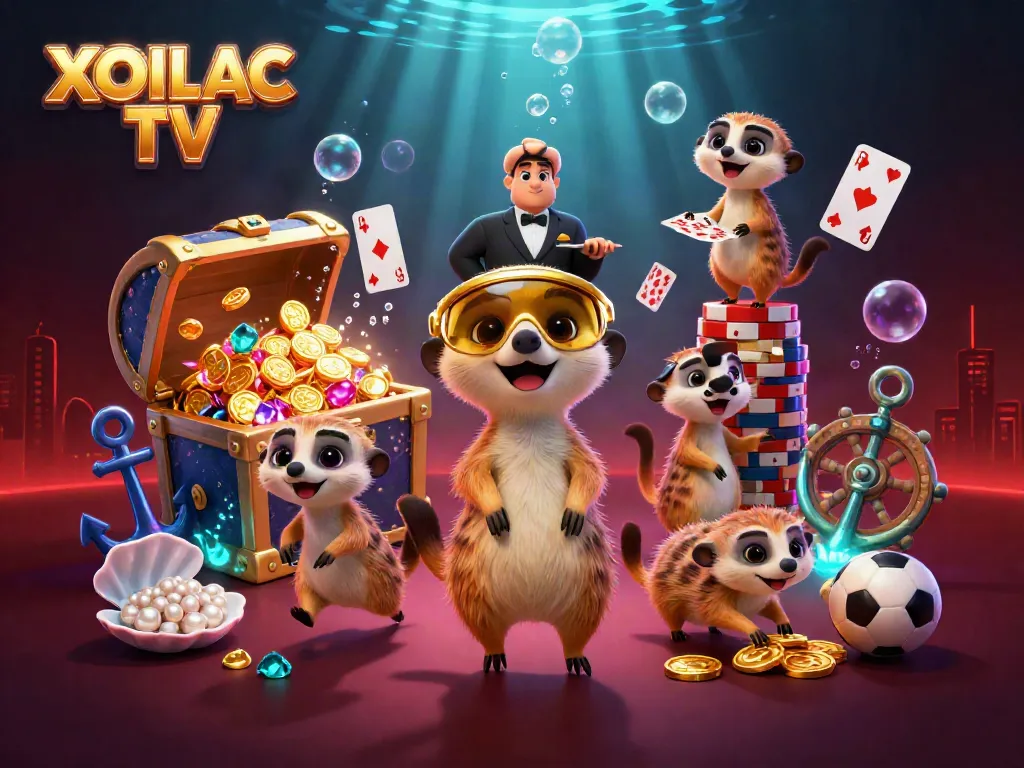 Experience the excitement of XOILAC TV with meerkats managing a vibrant casino scene full of adventure and treasures.