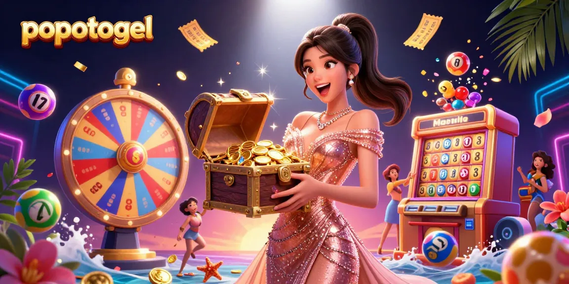 Win big with popotogel as a stunning Asian woman reveals treasure in a dynamic casino scene.