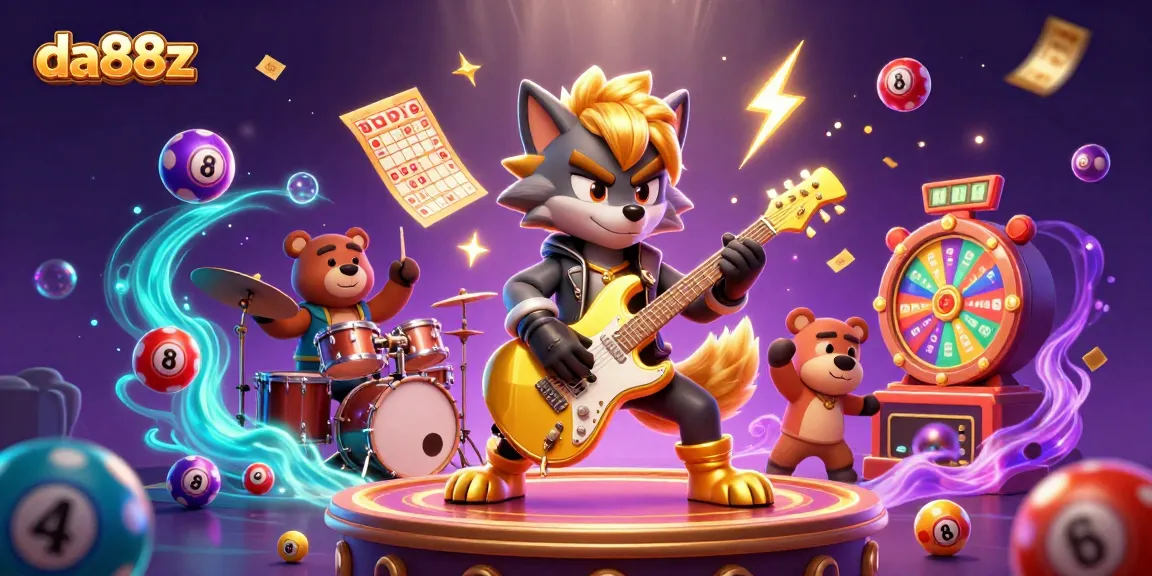 Experience the excitement of da88z with a cartoon wolf rocking the casino stage amidst lottery themed elements.