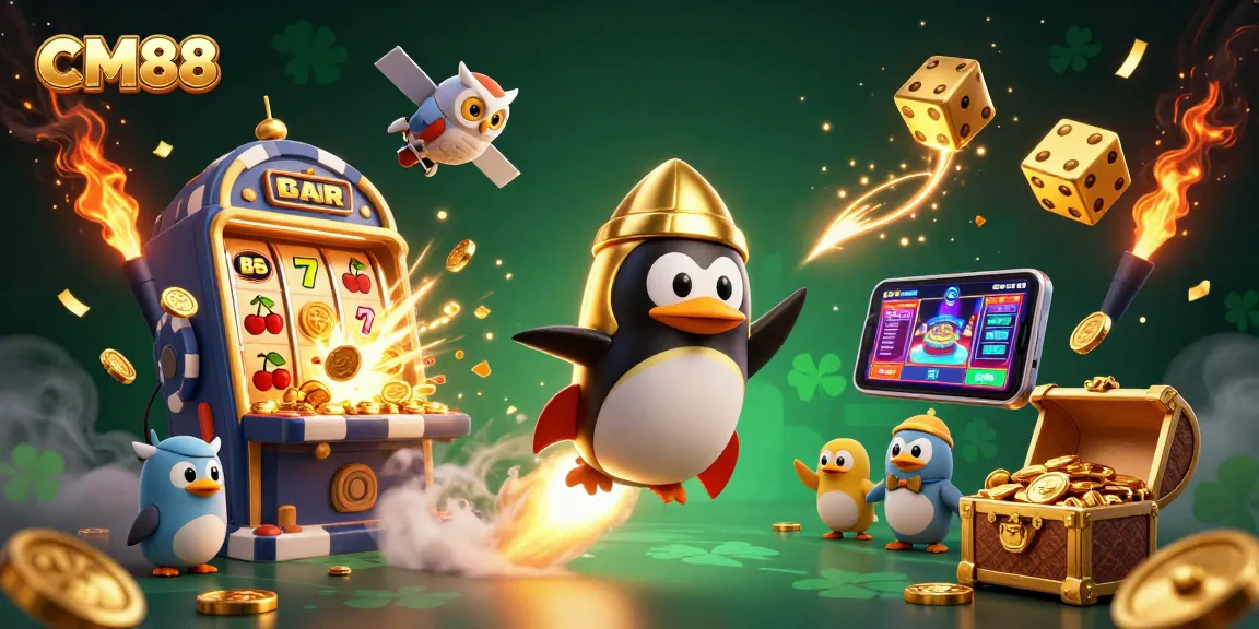 Experience thrilling adventures with CM88's vibrant casino visuals featuring a golden penguin and slot machine.