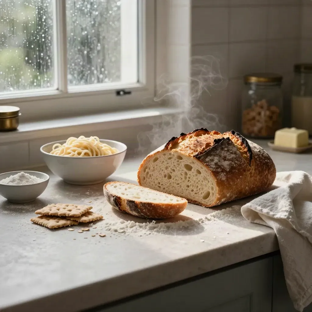 Rain-bright kitchen still life with gluten-free bread, rice pasta, crackers, and flour bowls.