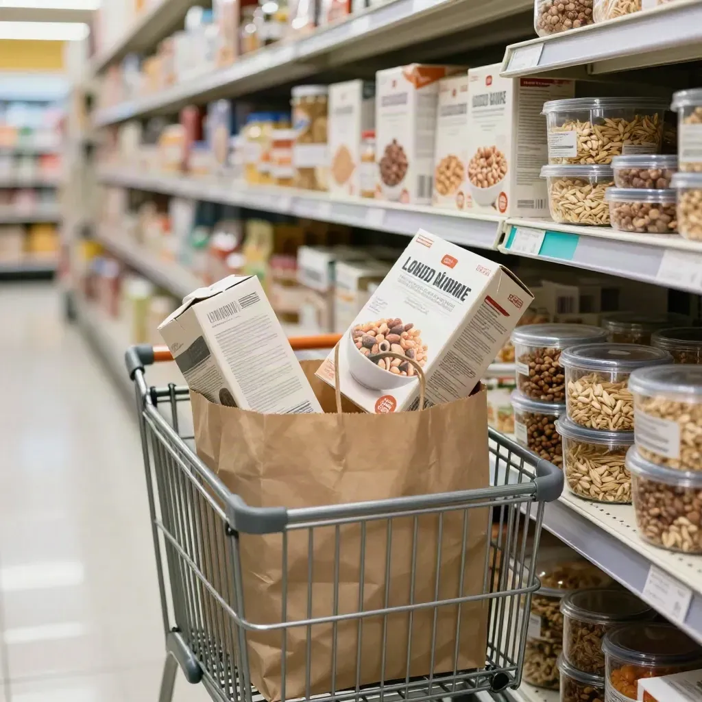 Supermarket cart with pantry staples and a package turned for label reading in the aisle.