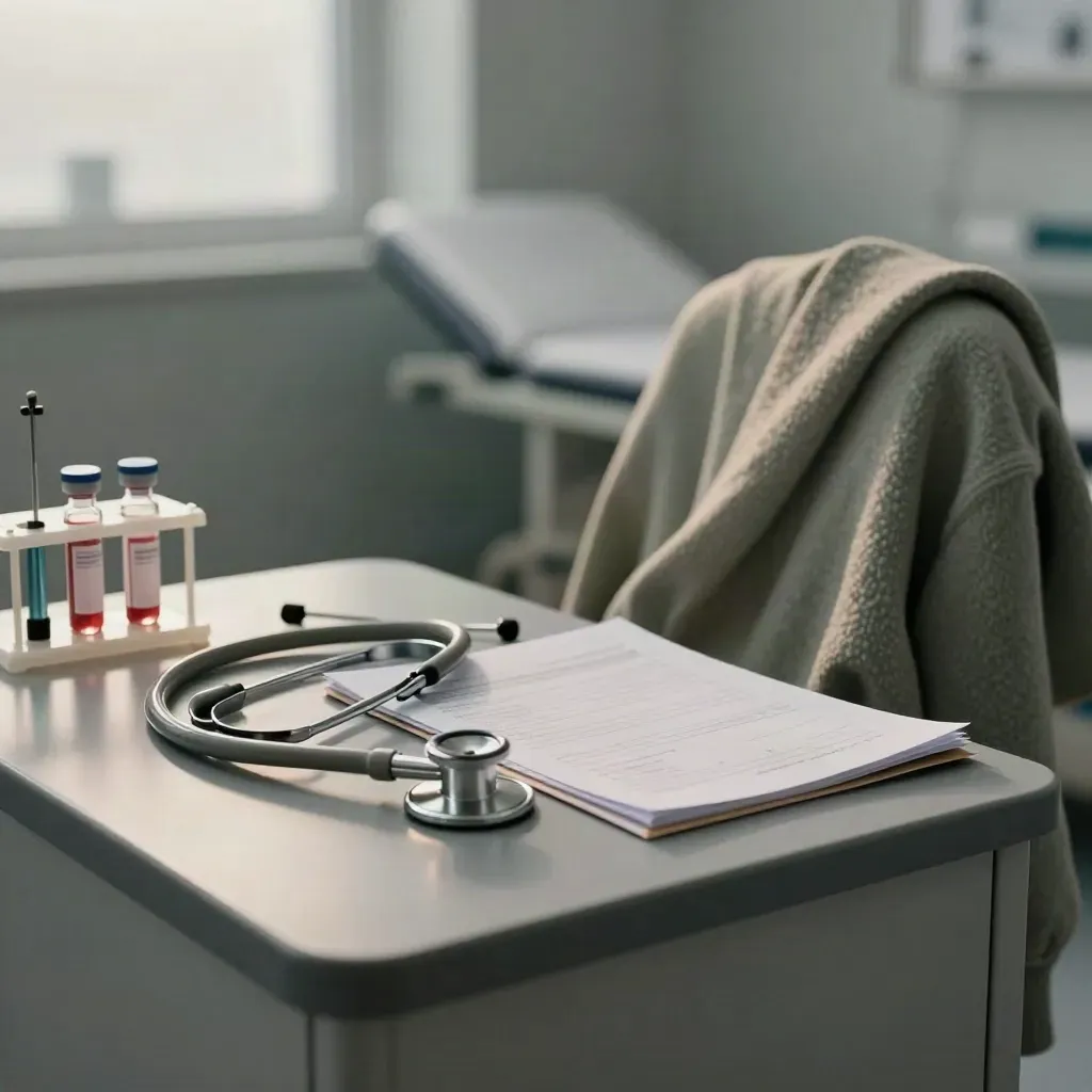 Clinic side table with stethoscope, blood vials, referral folder and sage cardigan by frosted glass.