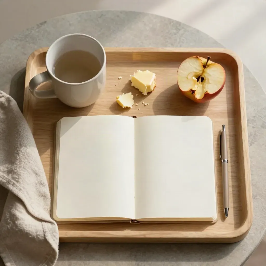 Top-down breakfast tray with mug, crumbs, apple core, and a symptom journal on stone.