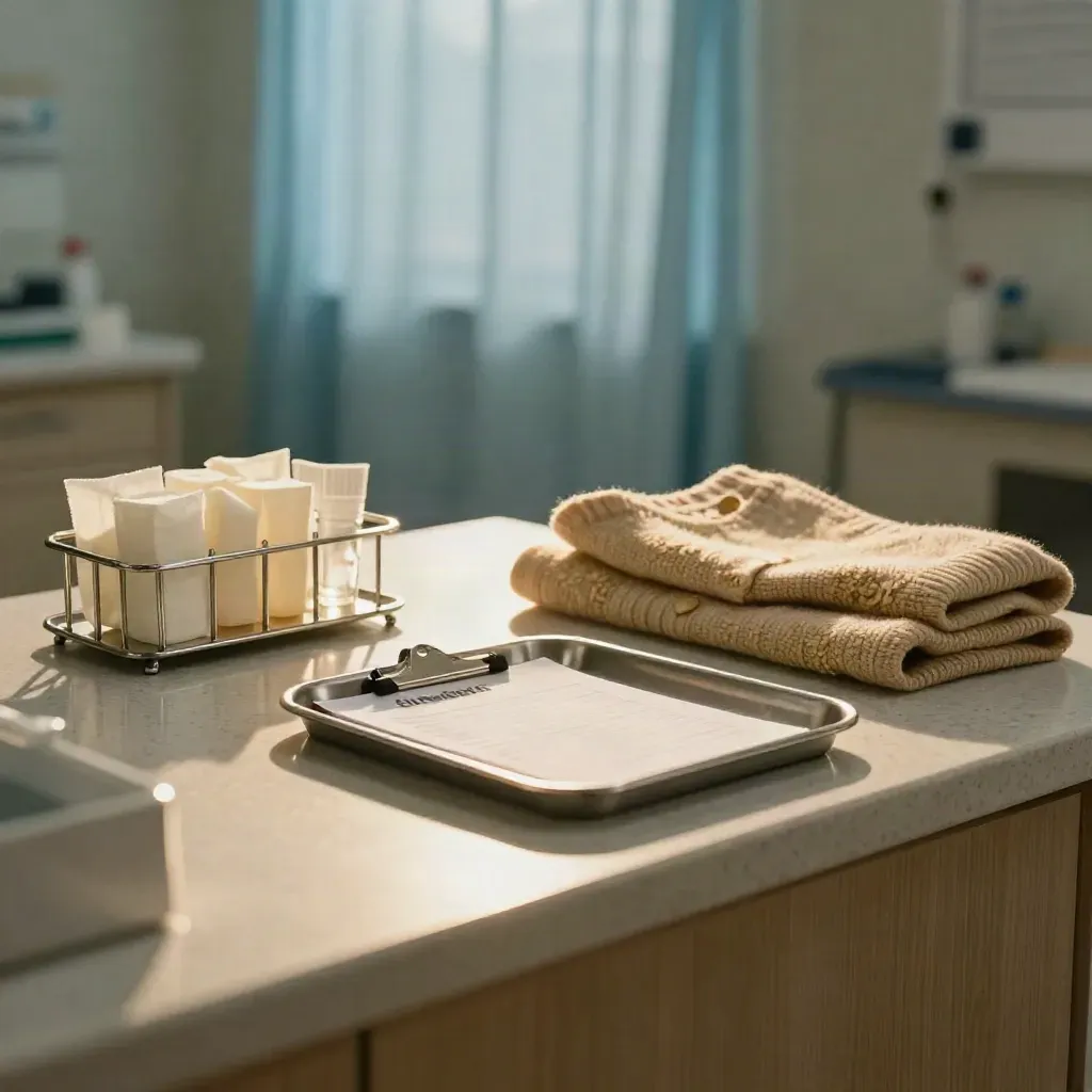 Clinic countertop with vial rack, gauze, clipboard, cardigan and tray in soft late-afternoon light.