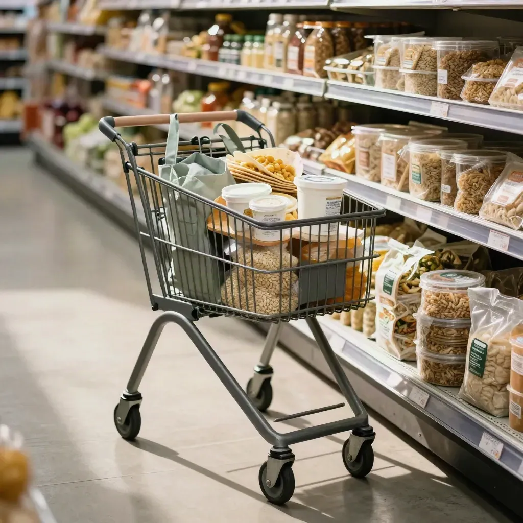 Gluten-free grocery cart rolling past a supermarket aisle