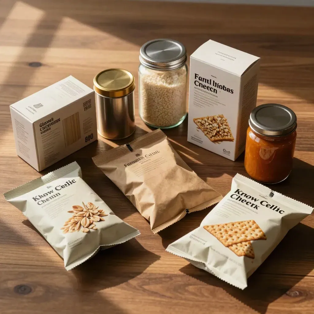 Overhead flat lay of gluten-free packaged foods and jars arranged for label checking.