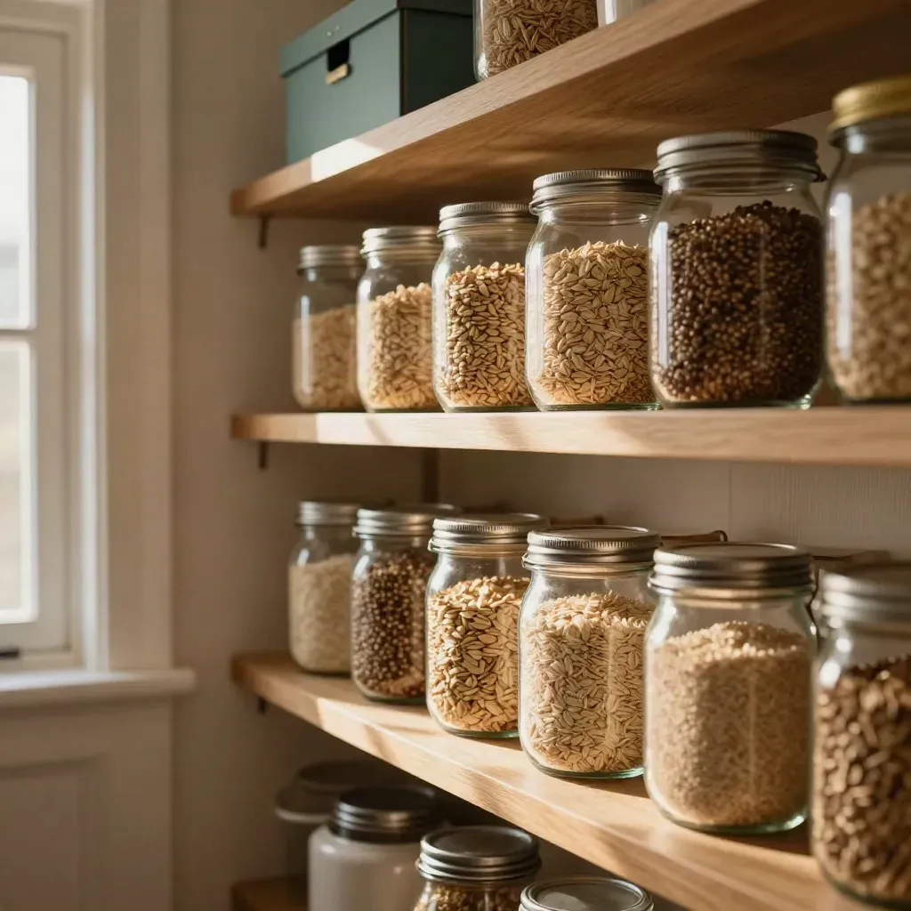 Open pantry shelves with jars, a cracker bin, and neatly sorted gluten-free staples in warm light
