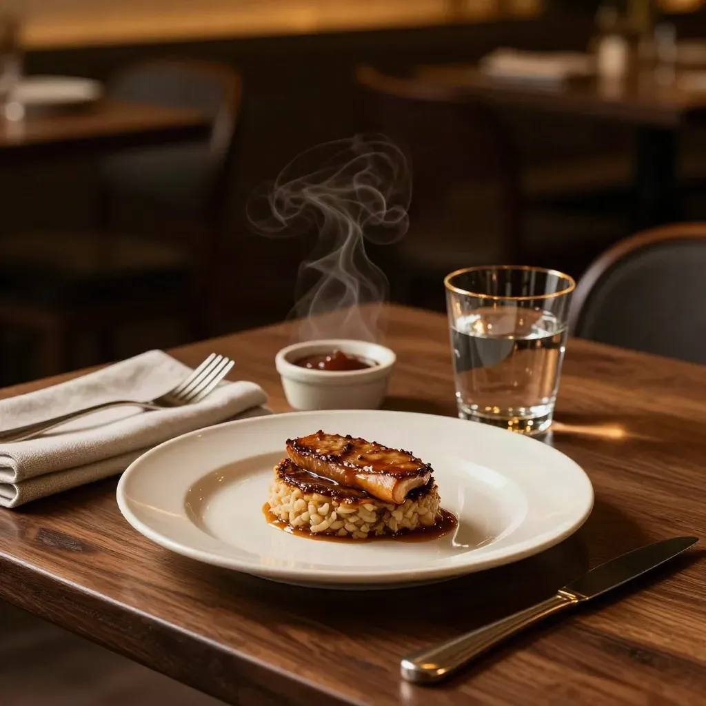 Restaurant meal with sauce in ramekin beside a plated dish and water glass in warm cinematic light