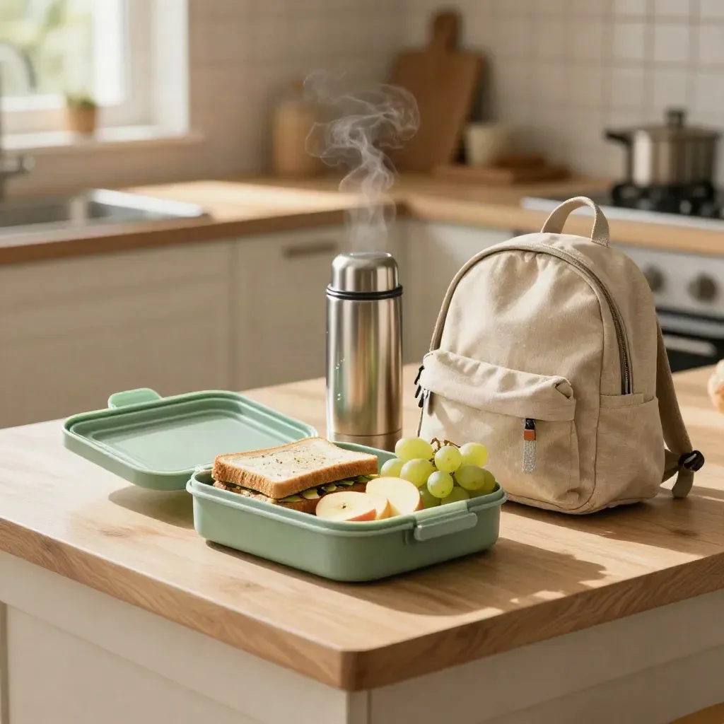 Sage lunchbox with gluten-free sandwich, fruit, thermos, and small backpack on a kitchen counter.