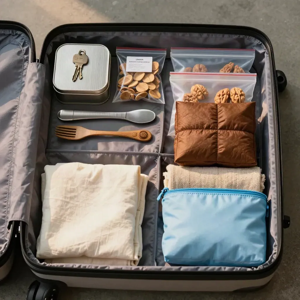Open carry-on with snack tins, pouches, cutlery case, and folded clothes ready for travel.