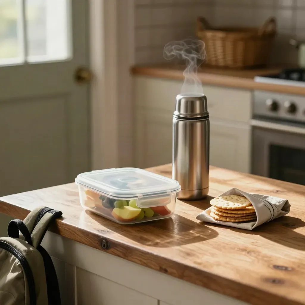 School lunch setup on a kitchen counter with fruit, crackers, thermos, and a backpack strap.