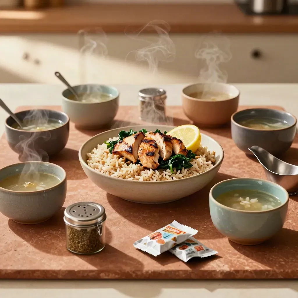 Overhead meal ringed by soup, sauces, spices, and snack packs on a terracotta prep slab.