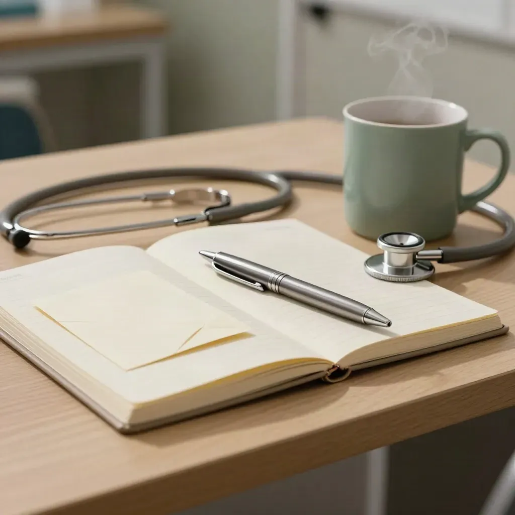 Extreme macro of a clinic notes setup with notebook, stethoscope, mug, pen, and cream card.