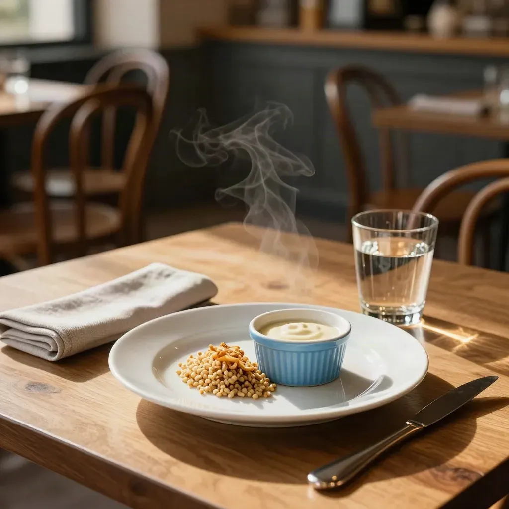 Cafe table with entrée plate, sauce ramekin, napkin and water in warm late-afternoon light