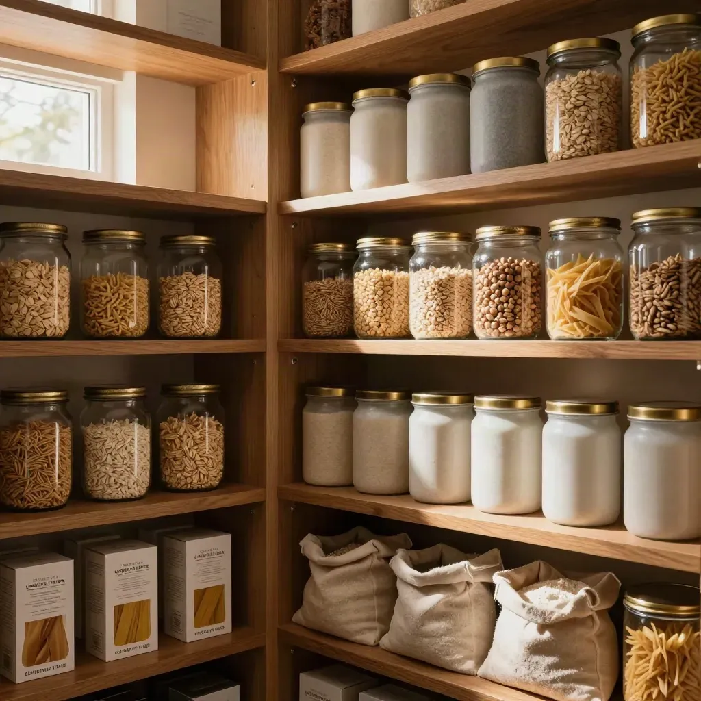 Warm gluten-free pantry shelves with jars, canisters, rice sacks, pasta boxes and a crumb tray