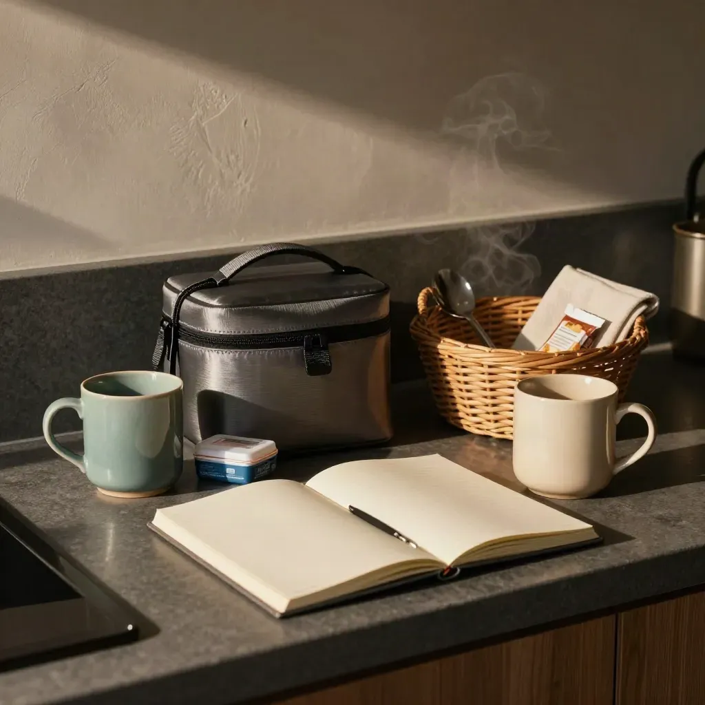 Caregiver kit with mugs, notebook, lunch kit, medicine box, and essentials on a kitchen counter.
