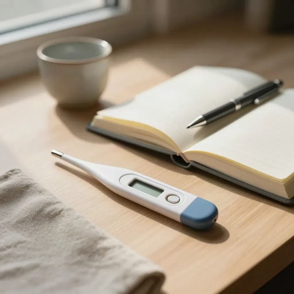 Overhead desk still life of thermometer, open notebook, pen, cup and linen on pale wood.