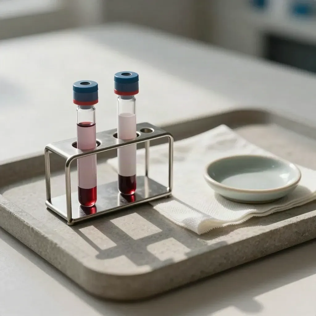 Two blood vials in a slim rack beside gauze and a ceramic dish on a stone tray.