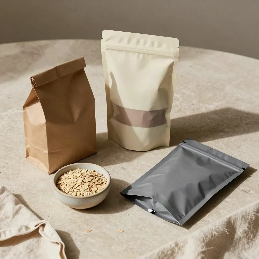 Overhead flatlay of pantry packages, oats bowl, and paper tote on pale stone