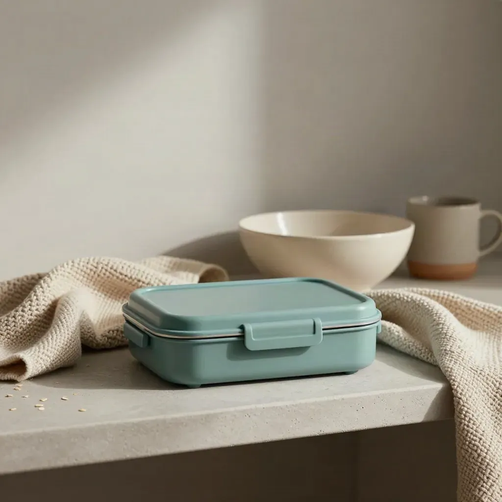 Lunchbox, ceramic bowl, knit blanket and tiny mug on a quiet shelf for family meal prep.