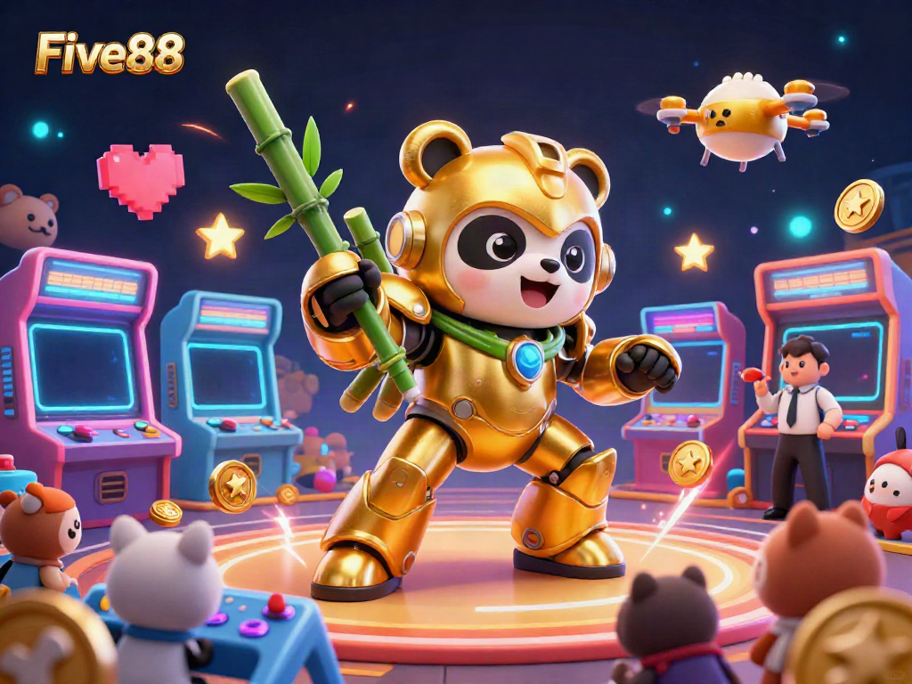 Experience the excitement of Five88 with a dynamic 3D gaming scene featuring a golden panda robot.