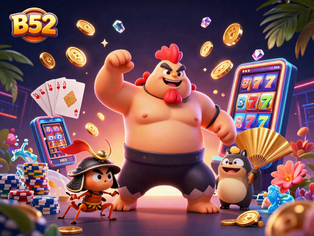 B52 gaming scene with a powerful sumo rooster and samurai cricket at a slot machine.