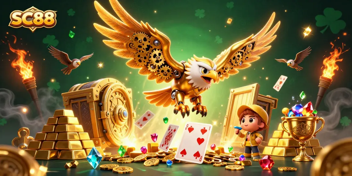 Engage with SC88's thrilling gameplay as the golden eagle dives through holographic playing cards.
