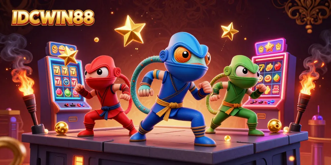 Play slot games with IDCWIN88's vibrant 3D illustration filled with characters and casino elements.
